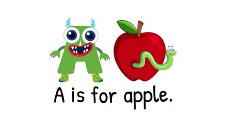 a playful animation with a green monster and apple illustrating the letter a. bright colors and simple graphics enhance learning