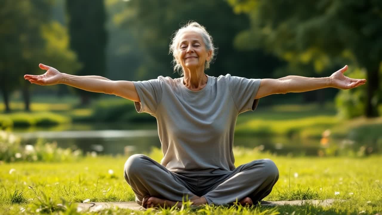 Elderly woman meditating with open arms sitting in lotus position on grass in park with lake in background, promoting healthy lifestyle and wellness