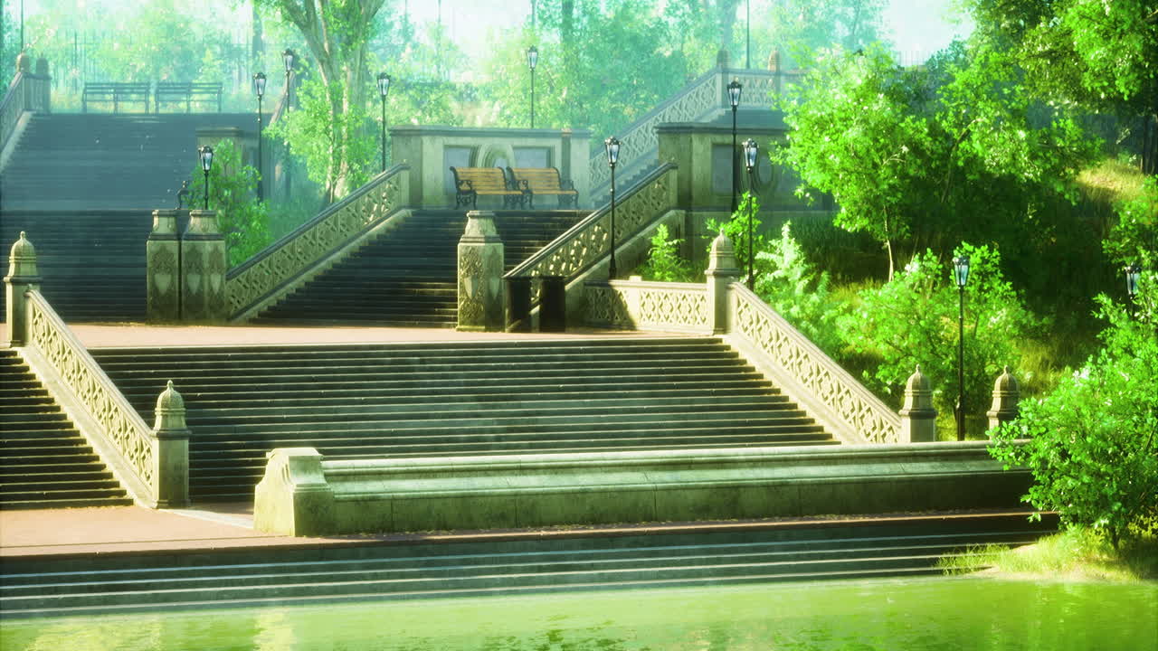 Serene park steps leading to a peaceful water body in afternoon light