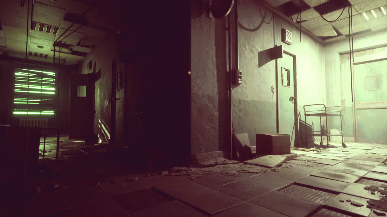 Corridoio abbandonato con illuminazione verde e detriti in un edificio abbandonato