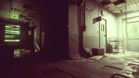 abandoned hallway with green lighting and debris in a derelict building