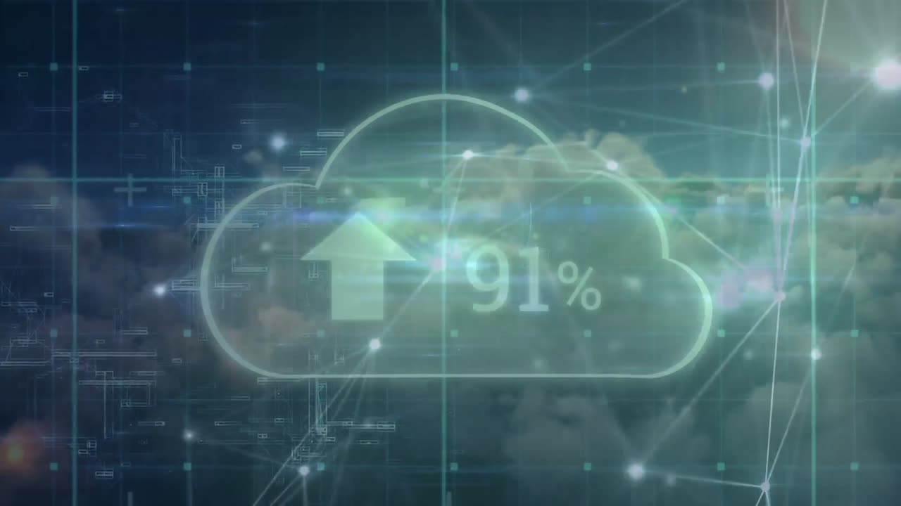 animación de la red de conexiones y la nube con carga sobre el cielo nublado