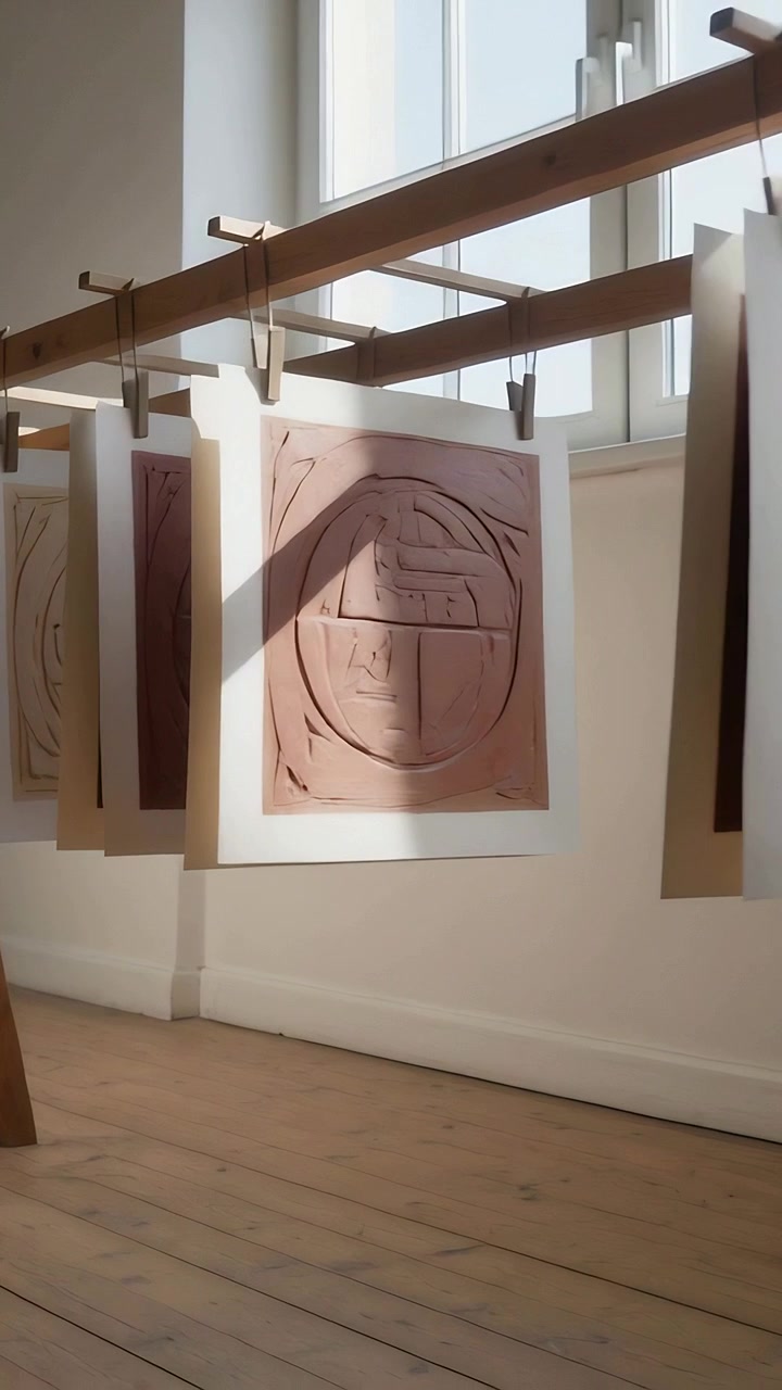 Video verticale: Telecamera in movimento che rivela stampe linocut in rilievo appese a una ringhiera di legno vicino a una finestra alta