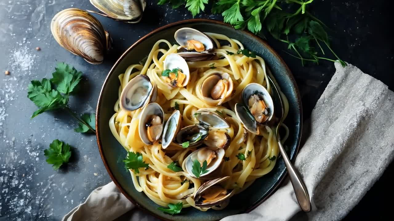 Vista dall'alto di un piatto rustico di pasta ai frutti di mare con vongole e prezzemolo su una superficie scura e materica