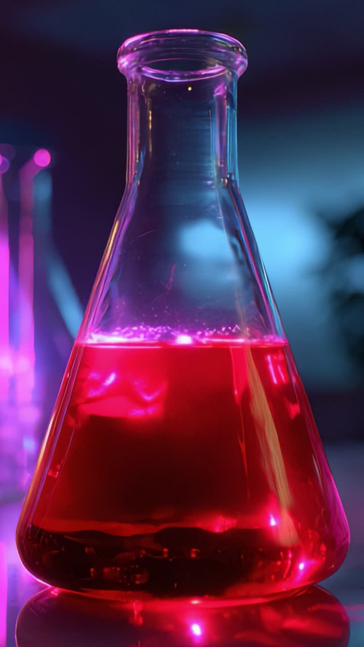 Un'affascinante fiaschetta di vetro contenente un vivace liquido rosa illuminato da luci colorate, che mette in mostra la bellezza della scienza e della sperimentazione in un ambiente di laboratorio