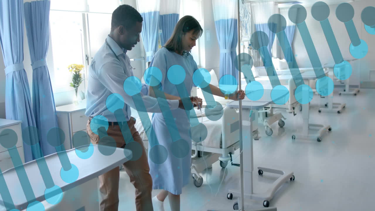 animación de cadena de adn sobre diversos médicos y pacientes masculinos en el hospital