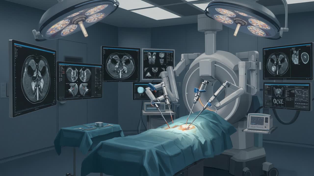 Advanced Surgical Procedure Visualization: A High-Tech Operating Room Staged for an Innovative Medical Operation Using Robotic Assistance and Diagnostic Imaging