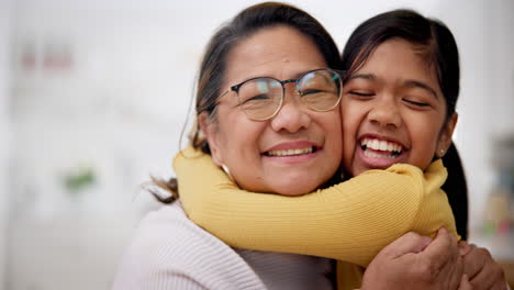 child, grandmother and hug in home with smile
