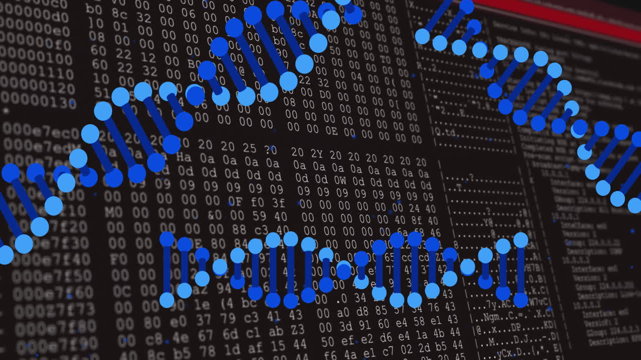 Processing scientific data, DNA strand intertwining with binary code animation