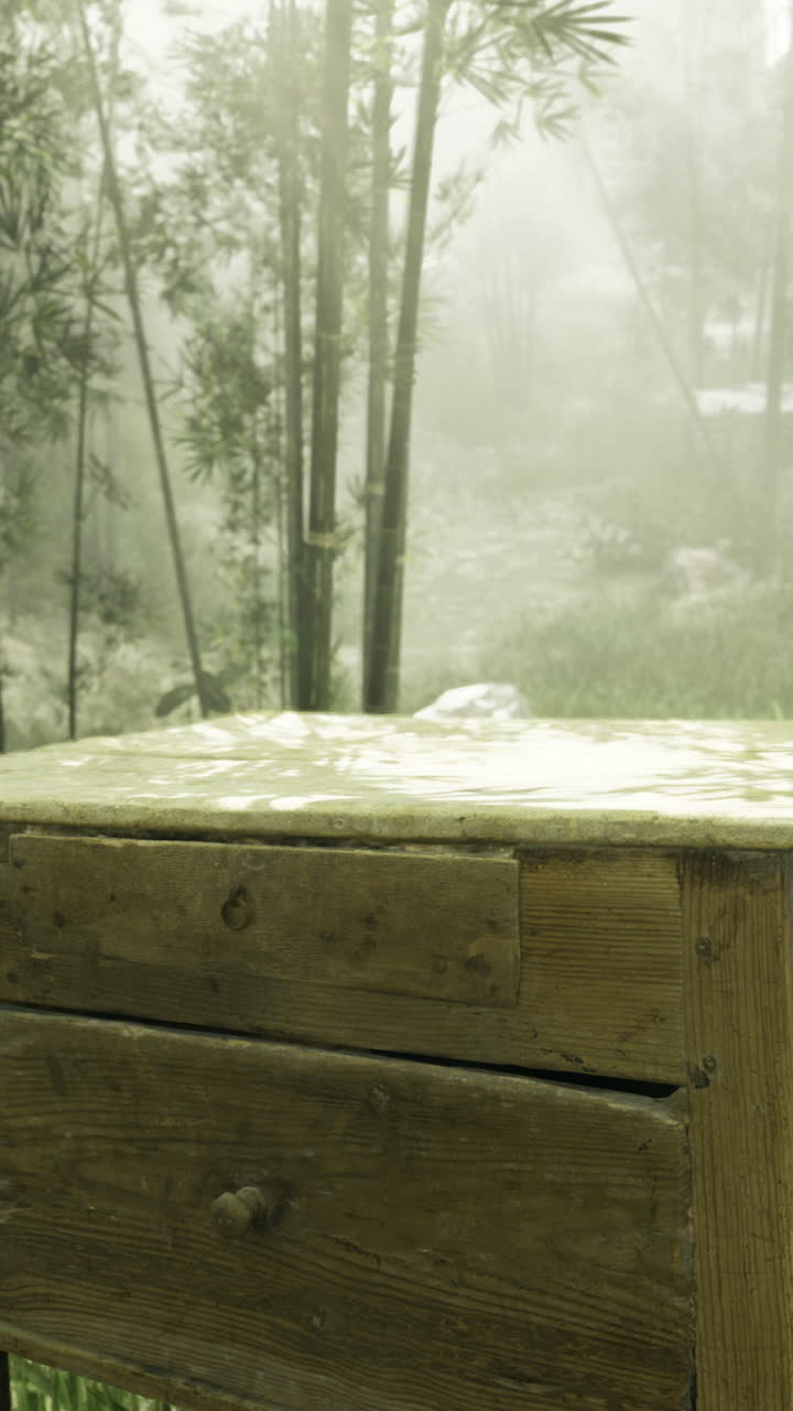 Weathered wooden table in a tranquil forest setting during daylight