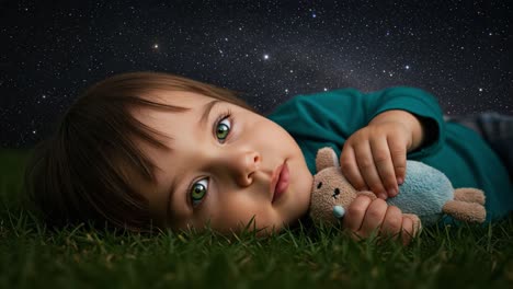 a serene child gazes into the cosmos while cuddling a soft toy amidst a starry night sky, capturing the innocence and wonder of childhood