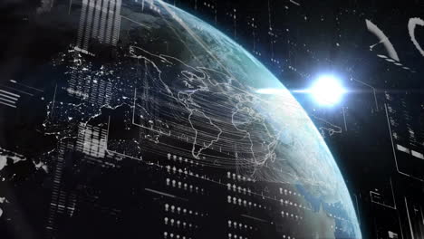 earth globe spinning with hud panels floating, digital lines tracing continents, flowing vectors