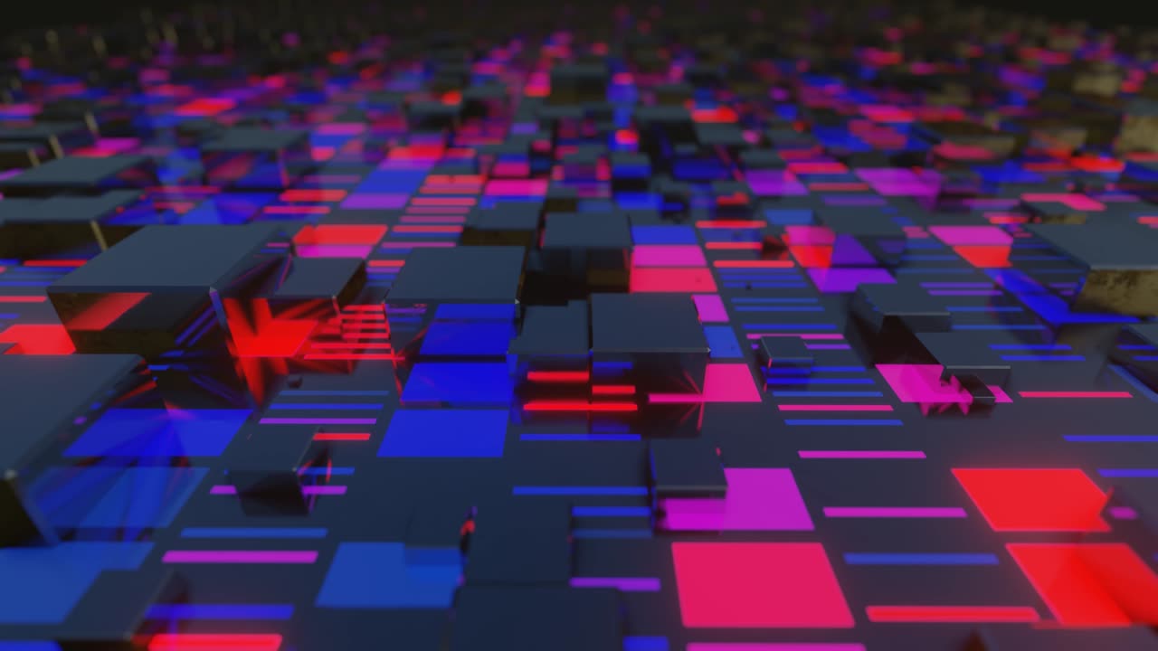 animación en bucle 4k. vuelo sobre patrón de alta tecnología en superficie plana, brillo de neón, elementos y estructura complejos. objetos 3d forman superficie de ciencia ficción patrón 3d. tecnología de la información, hardware futurista