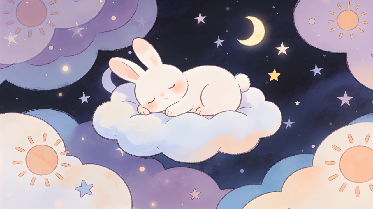 Sleeping white bunny breathing and bobbing on fluffy cloud under crescent moon, stars twinkling