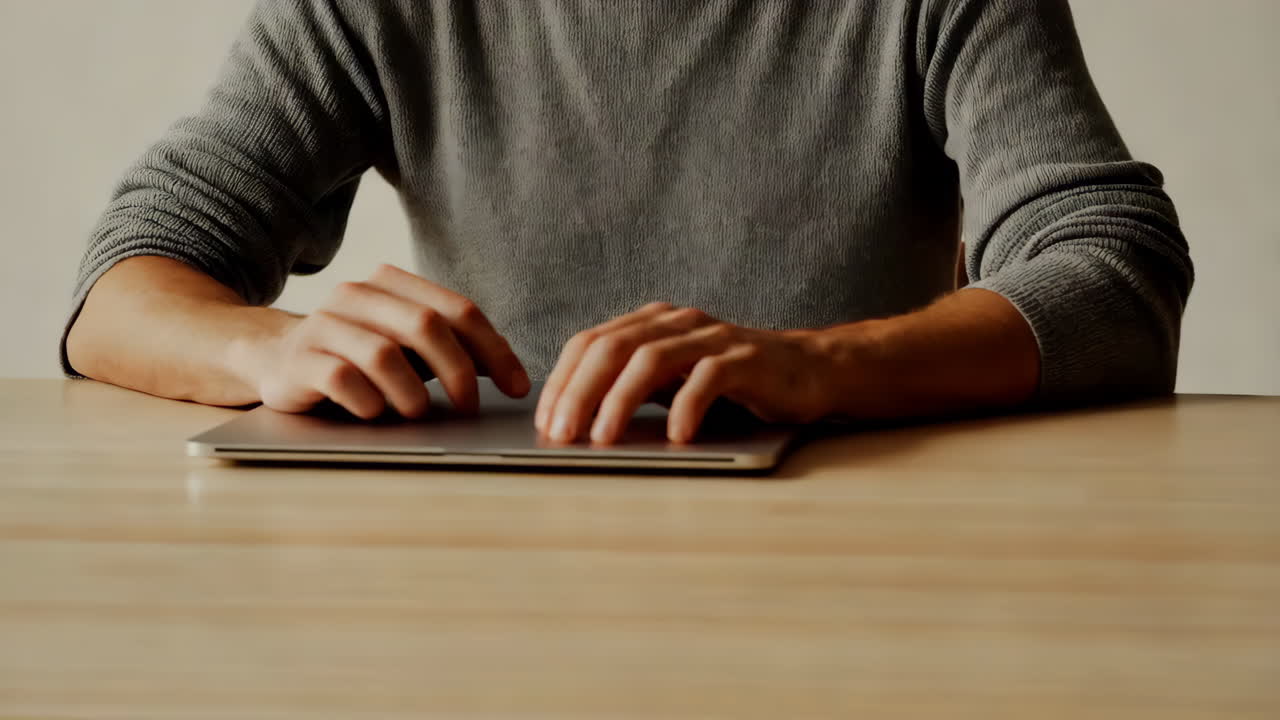 Person's hands on a closed laptop at a wooden table