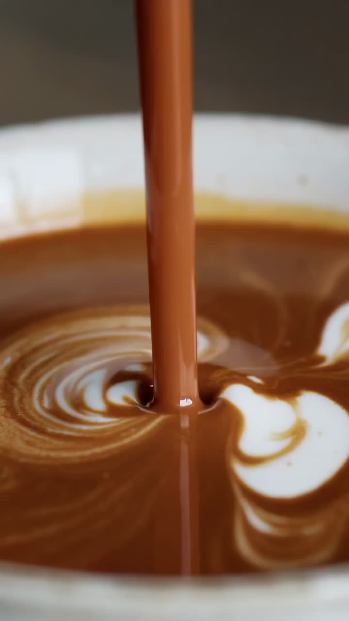 Video verticale: getto marrone che crea un vortice in stile latte sul bordo di una tazza di ceramica sul bancone di un bar
