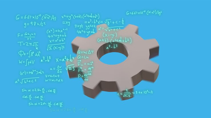 Turning cog and mathematical equations over blue background