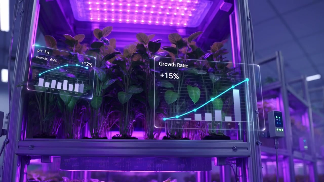 Smart Vertical Farming System Showing Plant Growth Data and Analytics