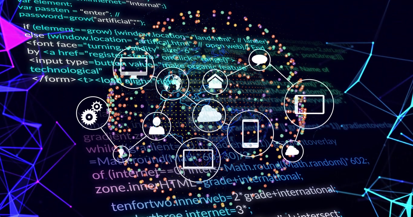 Cloud icon appearing on dotted globe, icons forming hub, globe rotating, showing data net and code