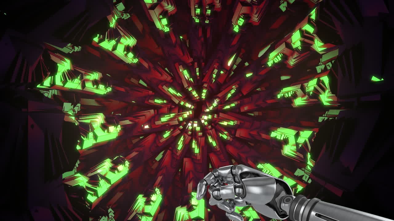 animación del brazo del robot señalando con el dedo sobre formas caleidoscópicas verdes sobre fondo negro.