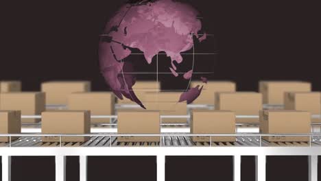 Digital-animation-of-globe-spinning-against-multiple-delivery-boxes-on-conveyor-belt