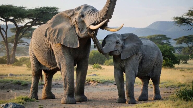 Elefante adulto levantando a tromba alto na savana, filhote alcançando e tocando a presa em um momento de união.