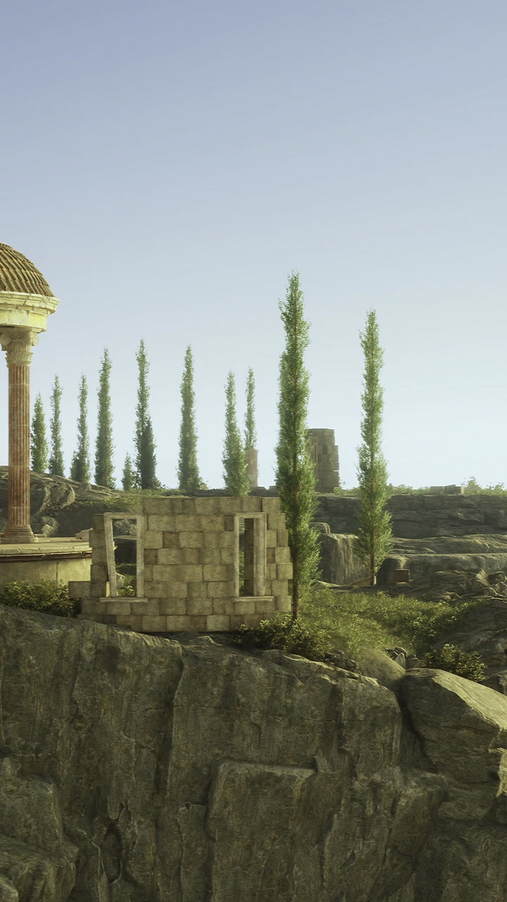 Marvel at ancient ruins surrounded by tall trees under the bright sky