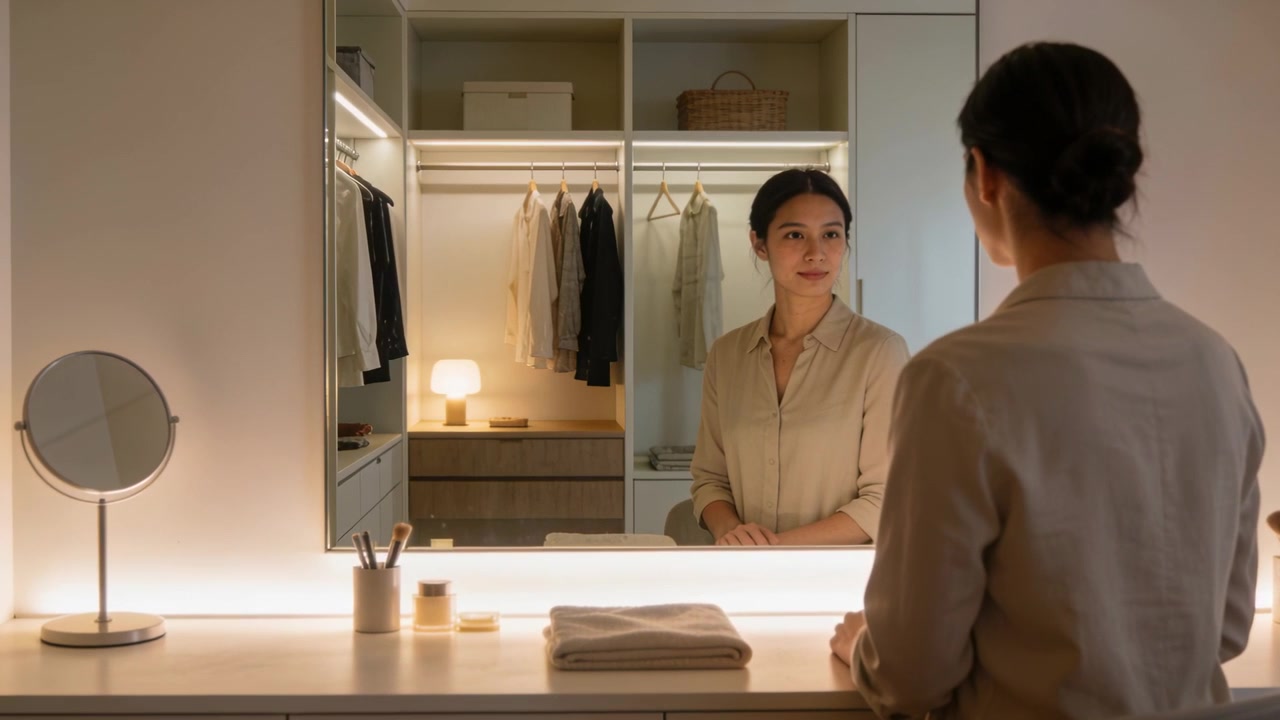Guardando il riflesso, una donna con una camicetta beige chiaro aggiusta la postura davanti alla toeletta, con uno specchio illuminato.