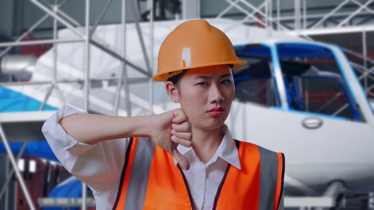 安全ヘルメットをかぶったアジア人女性エンジニアが、ヘリコプターの組み立てを検査しながら、親指を下に向けるジェスチャーをして首を振るクローズアップ写真。