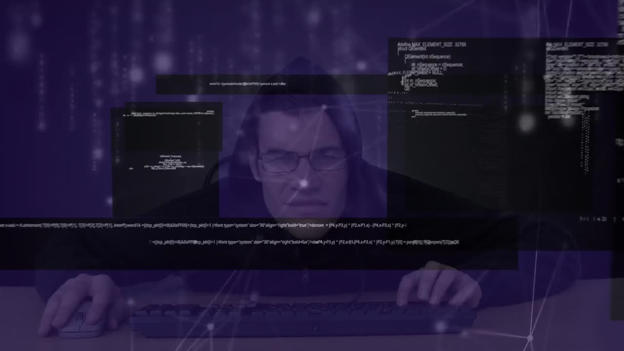 Animation of data processing and network of connections over caucasian hacker