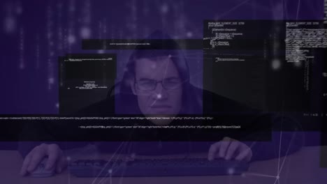 animazione dell'elaborazione dei dati e della rete di connessioni su caucasico hacker