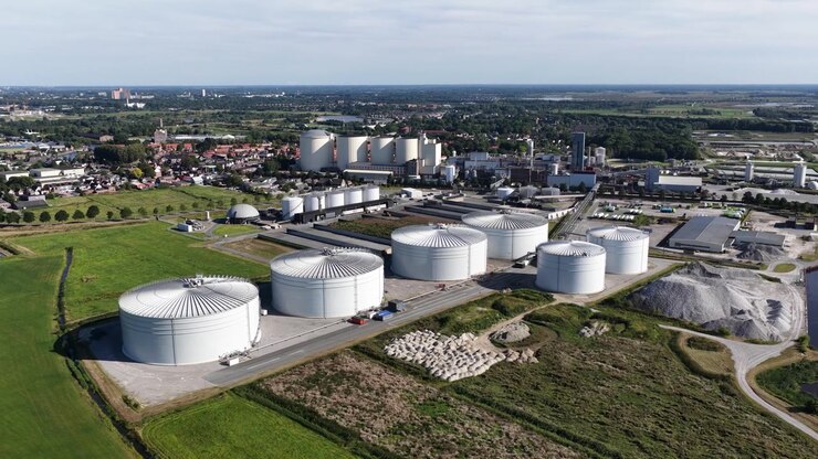 Vista aerea della fabbrica di zucchero Vierverlaten vicino a Hoogkerk, Groningen, che trasforma le barbabietole da zucchero in zucchero e sottoprodotti in uno degli ultimi zuccherifici attivi nei Paesi Bassi
