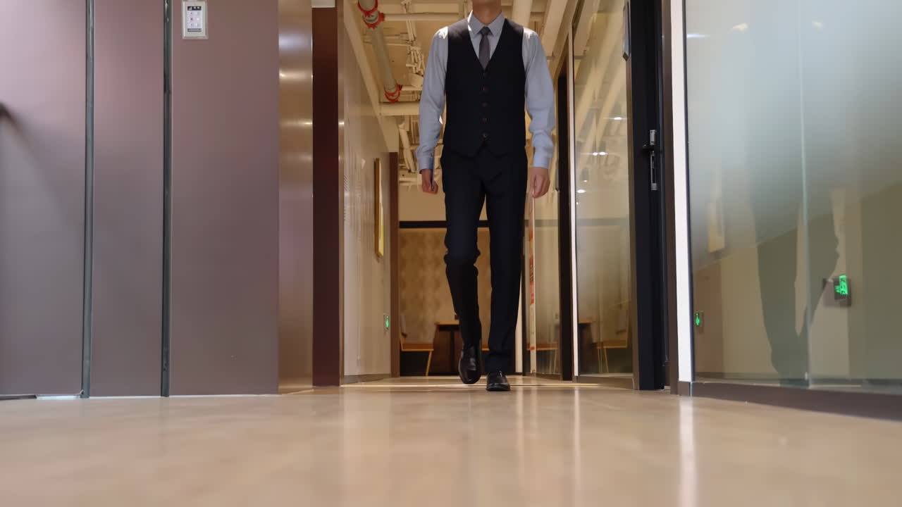 Empresário ambicioso de terno formal caminha por um corredor moderno de escritório em direção à câmera, simbolizando uma jornada em direção ao sucesso e oportunidades em um ambiente corporativo