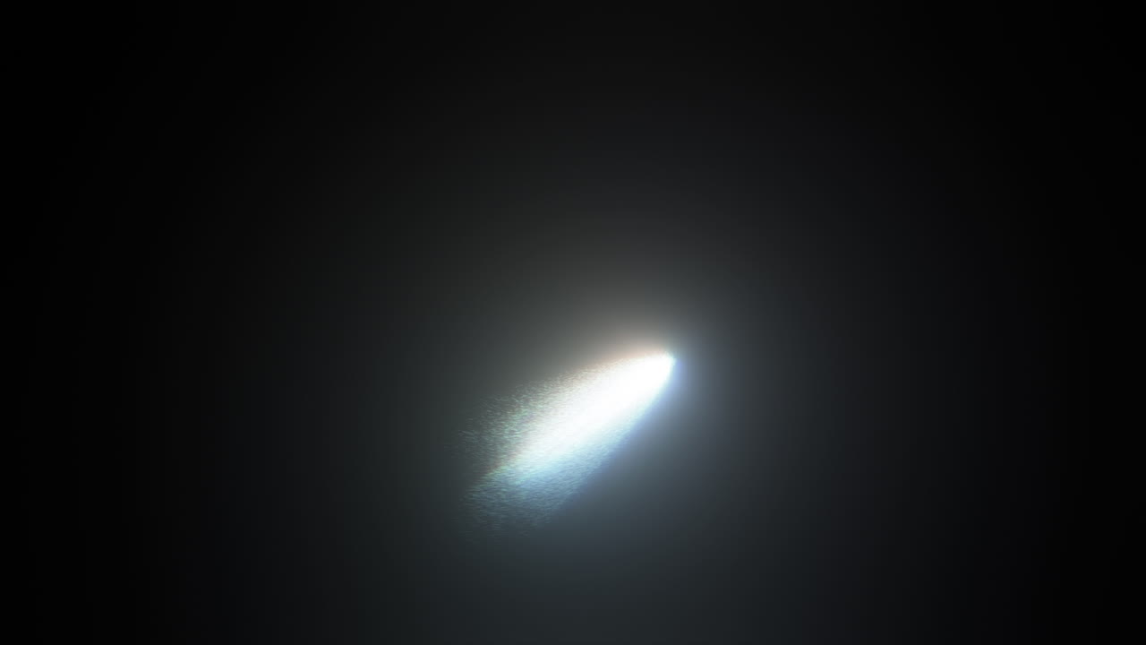 Rotating Around Bright Comet in Deep Space with Ice Debris Particles on Black Background. Glowing Mysterious Object Hurtling Through Galaxy. 3D Animation Rendering of 3i Atlas
