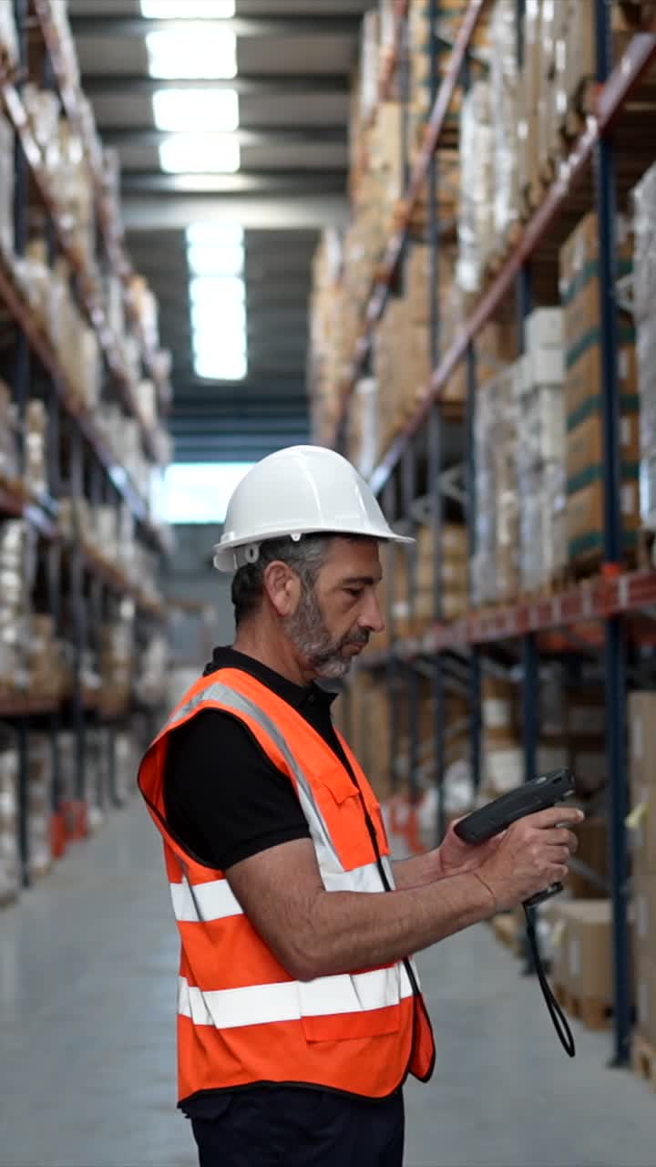 Addetto al magazzino che scansiona l'inventario