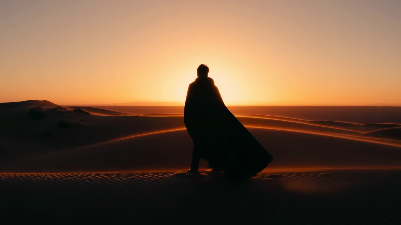 Silhouette nel deserto al tramonto, nomade solitario ammantato si erge su una duna retroilluminato dal bagliore dell'ora d'oro, vasta distesa di sabbia.