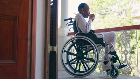 senior woman, tea and wheelchair with thinking