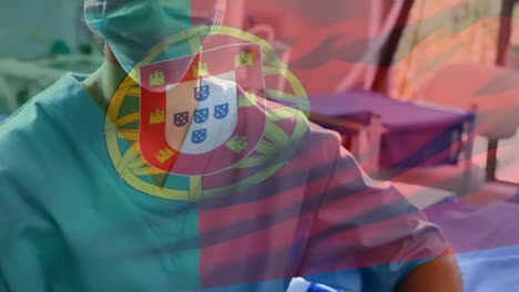 animation of flag of portugal waving over female doctor in hospital