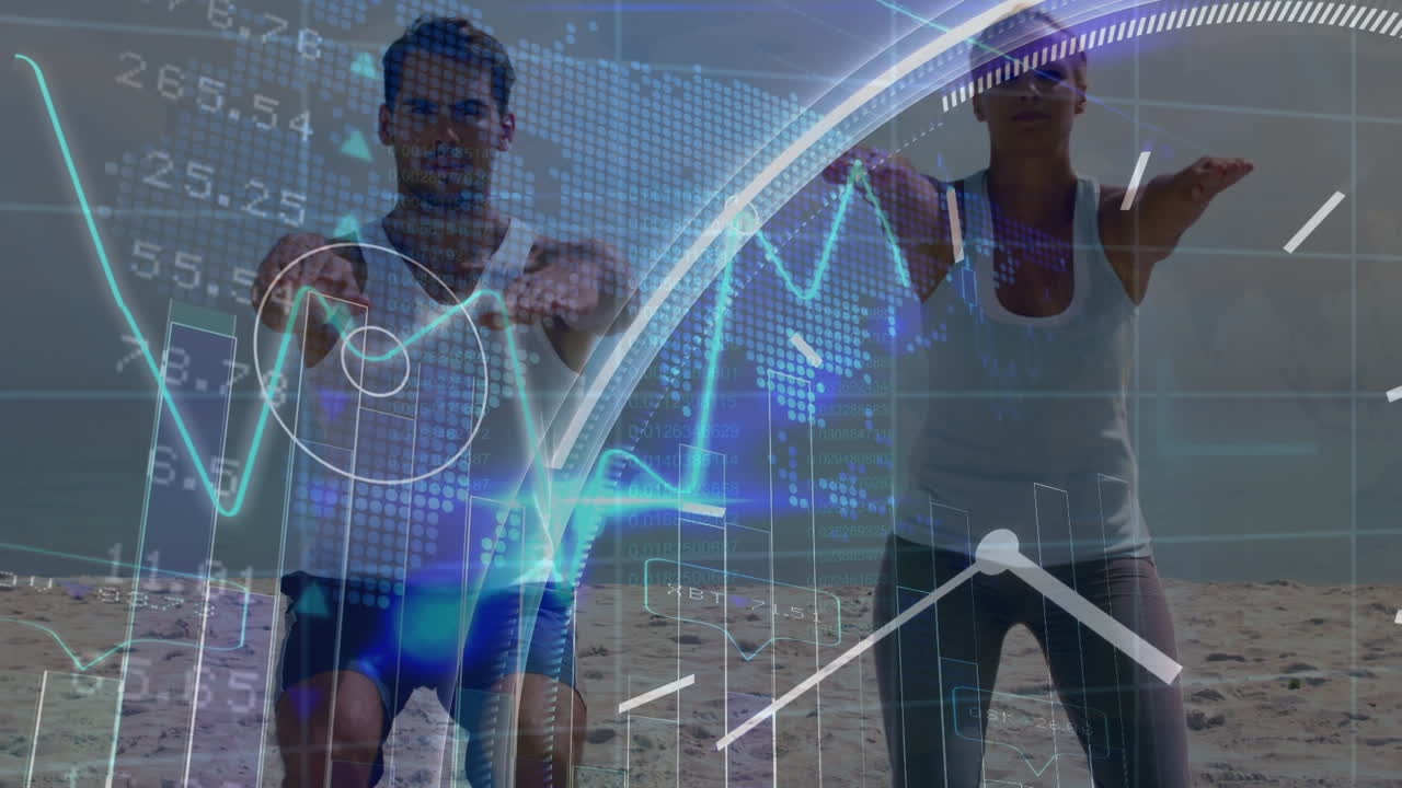 animación de procesamiento de datos y reloj móvil sobre pareja caucásica haciendo ejercicio en la playa