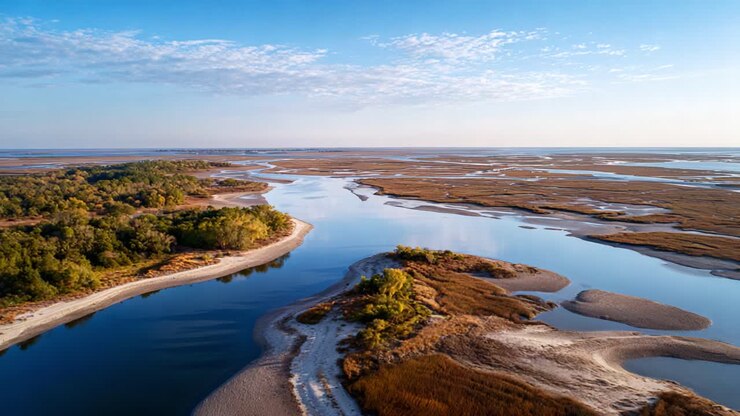 Serene Aerial View of a Meandering River Flowing Through Lush Greenery and Marshlands Under a Bright Blue Sky at Sunset, Capturing Nature's Tranquility