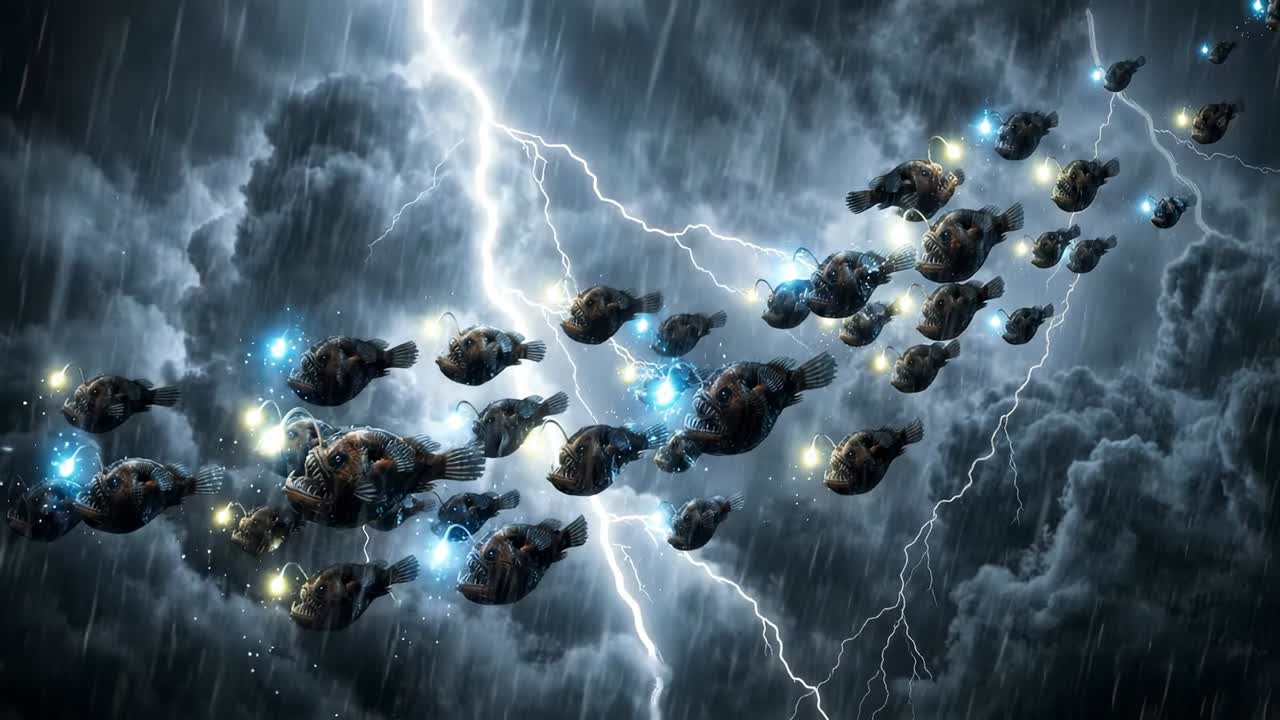 Stime af bioluminescerende havdybssfisk, der svømmer gennem en mørk stormfuld himmel