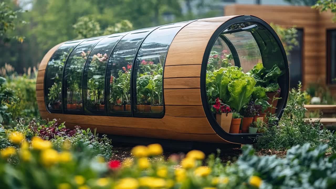 Modernt växthus i en trädgård