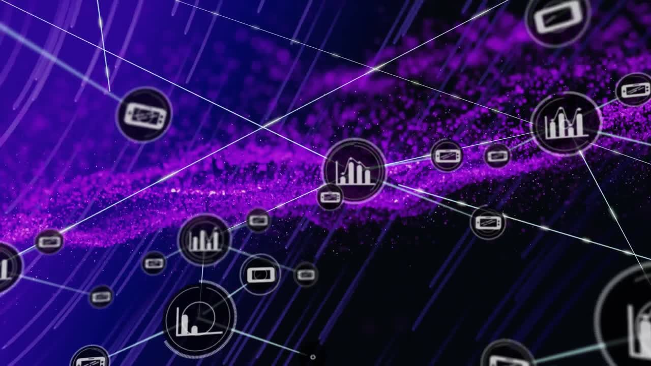 animación de la red de conexiones con iconos y puntos sobre fondo negro