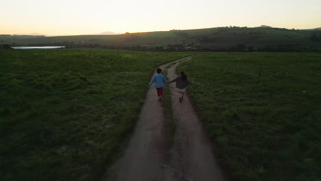 arriba, la carretera y los amigos corriendo en un campo