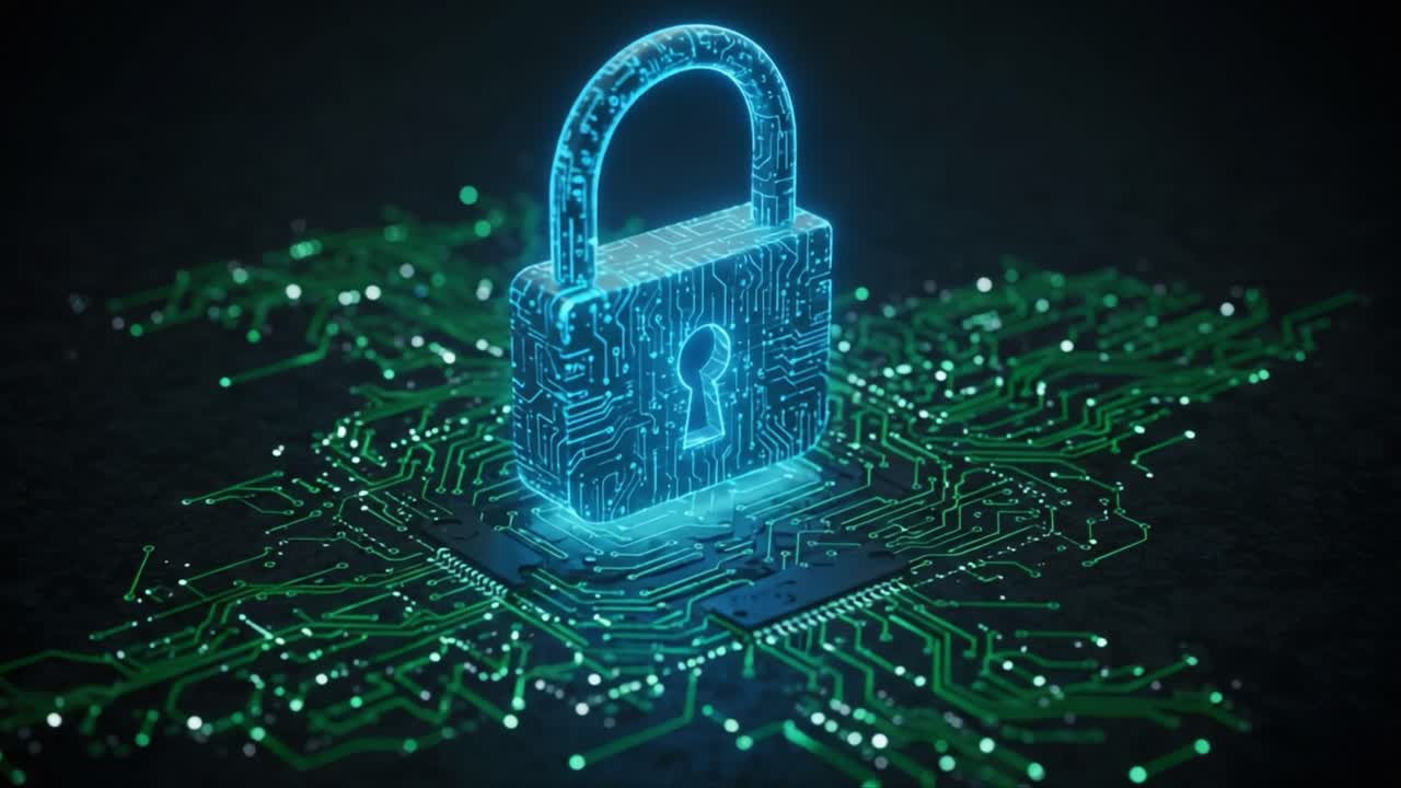 A Dynamic Visualization of Digital Security: A Glowing Padlock Representing Advanced Cyber Protection Surrounded by Circuit Patterns