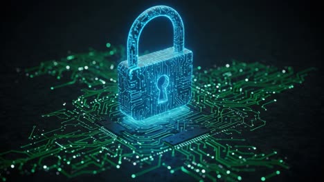 a dynamic visualization of digital security: a glowing padlock representing advanced cyber protection surrounded by circuit patterns