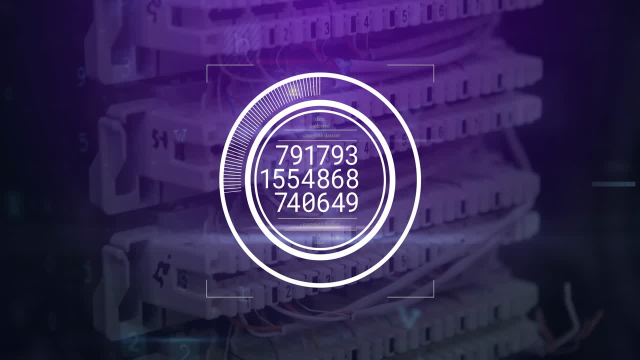 Animation of changing numbers on round scanner, cyber security data processing over computer server