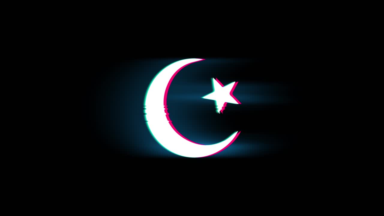 Star and crescent symbol islam religion symbol on glitch led screen retro vintage display animation