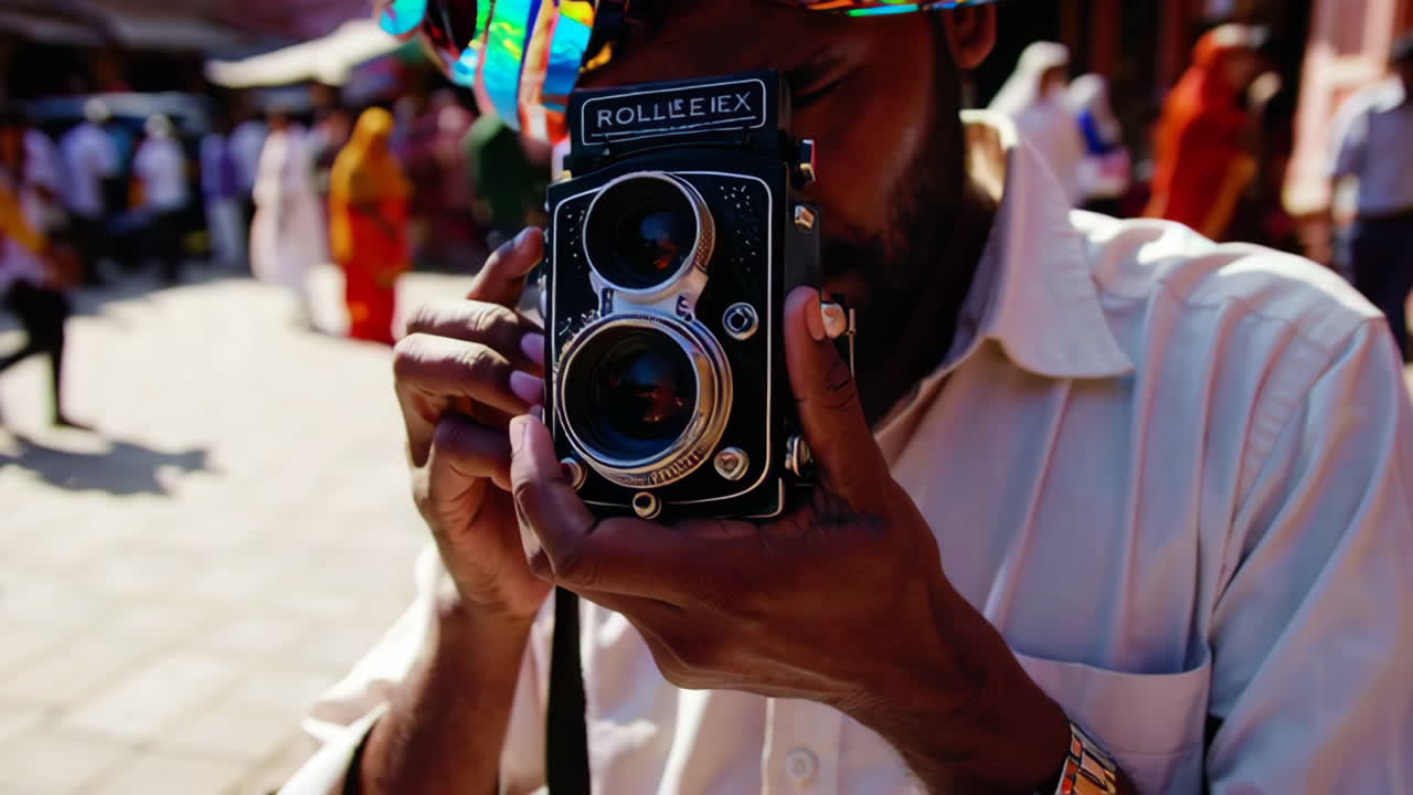 Fotografo in un vivace mercato indiano