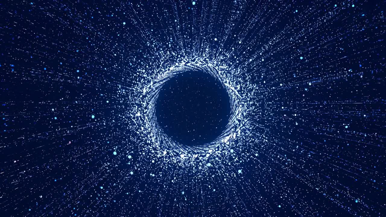 Animating from compact dark circular core, particle ring firing rays and specks over navy field